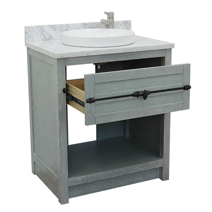 Bellaterra Home Plantation 31" 1-Drawer Gray Ash Freestanding Vanity Set With Ceramic Vessel Sink and White Carrara Marble Top