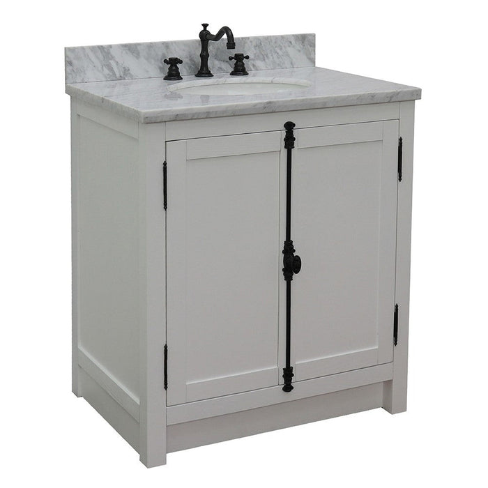Bellaterra Home Plantation 31" 2-Door Glacier Ash Freestanding Vanity Set With Ceramic Undermount Oval Sink and White Carrara Marble Top