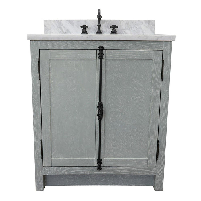 Bellaterra Home Plantation 31" 2-Door Gray Ash Freestanding Vanity Set With Ceramic Undermount Oval Sink and White Carrara Marble Top