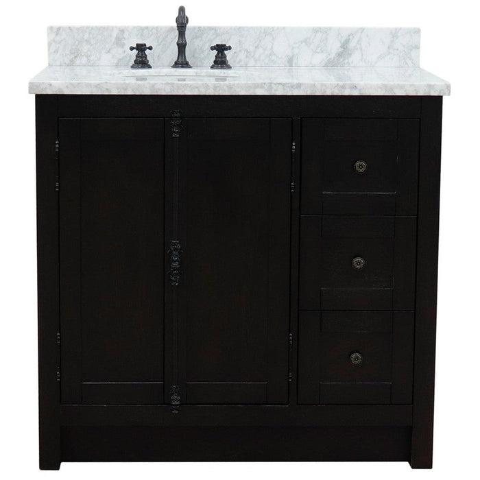 Bellaterra Home Plantation 37" 2-Door 3-Drawer Brown Ash Freestanding Vanity Set With Ceramic Left Offset Undermount Oval Sink and White Carrara Marble Top