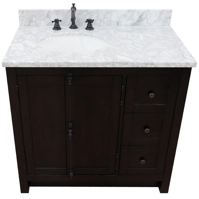 Bellaterra Home Plantation 37" 2-Door 3-Drawer Brown Ash Freestanding Vanity Set With Ceramic Left Offset Undermount Oval Sink and White Carrara Marble Top