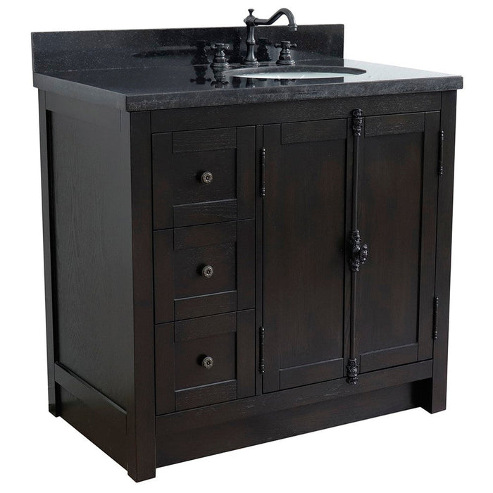 Bellaterra Home Plantation 37" 2-Door 3-Drawer Brown Ash Freestanding Vanity Set With Ceramic Right Offset Undermount Oval Sink and Black Galaxy Top