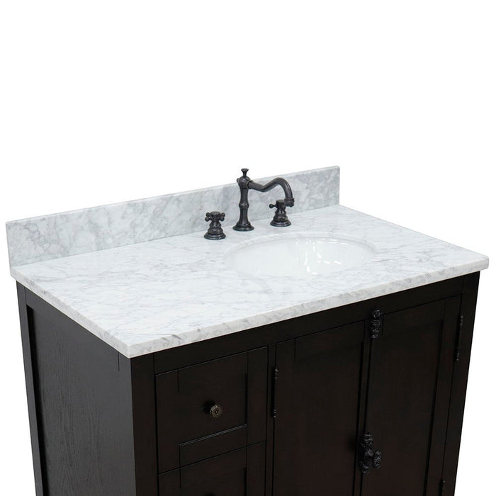 Bellaterra Home Plantation 37" 2-Door 3-Drawer Brown Ash Freestanding Vanity Set With Ceramic Right Offset Undermount Oval Sink and White Carrara Marble Top