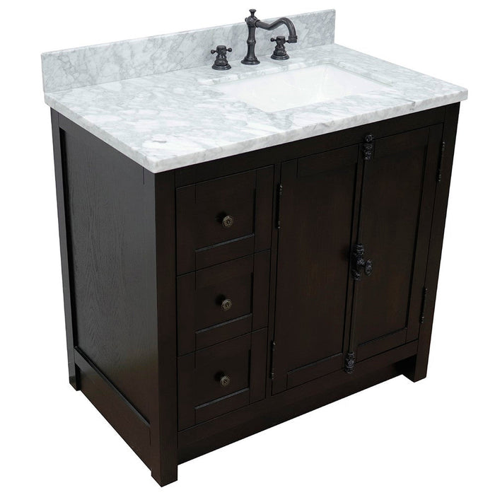 Bellaterra Home Plantation 37" 2-Door 3-Drawer Brown Ash Freestanding Vanity Set With Ceramic Right Offset Undermount Rectangular Sink and White Carrara Marble Top