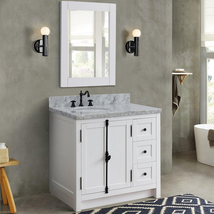Bellaterra Home Plantation 37" 2-Door 3-Drawer Glacier Ash Freestanding Vanity Set With Ceramic Left Offset Undermount Oval Sink and White Carrara Marble Top