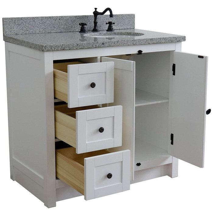 Bellaterra Home Plantation 37" 2-Door 3-Drawer Glacier Ash Freestanding Vanity Set With Ceramic Right Offset Undermount Oval Sink and Gray Granite Top