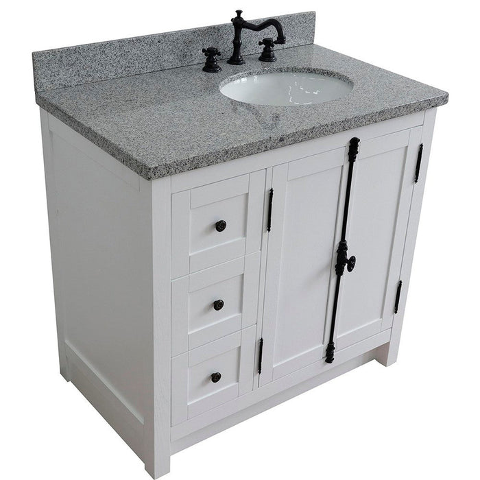 Bellaterra Home Plantation 37" 2-Door 3-Drawer Glacier Ash Freestanding Vanity Set With Ceramic Right Offset Undermount Oval Sink and Gray Granite Top