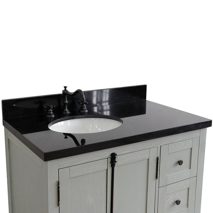 Bellaterra Home Plantation 37" 2-Door 3-Drawer Gray Ash Freestanding Vanity Set With Ceramic Left Offset Undermount Oval Sink and Black Galaxy Top