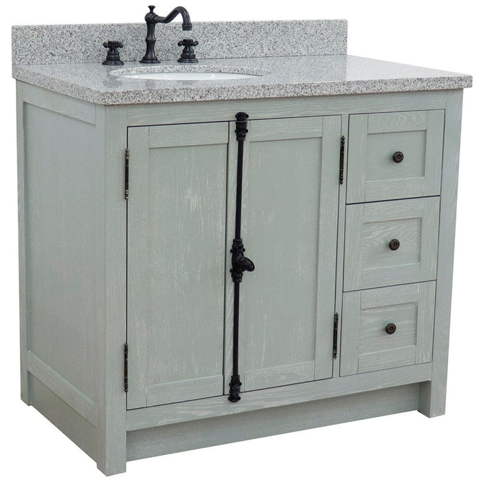 Bellaterra Home Plantation 37" 2-Door 3-Drawer Gray Ash Freestanding Vanity Set With Ceramic Left Offset Undermount Oval Sink and Gray Granite Top