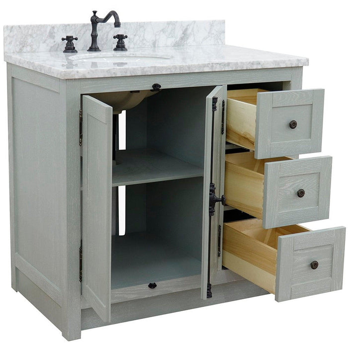 Bellaterra Home Plantation 37" 2-Door 3-Drawer Gray Ash Freestanding Vanity Set With Ceramic Left Offset Undermount Oval Sink and White Carrara Marble Top