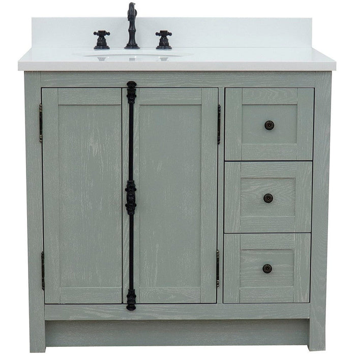 Bellaterra Home Plantation 37" 2-Door 3-Drawer Gray Ash Freestanding Vanity Set With Ceramic Left Offset Undermount Oval Sink and White Quartz Top