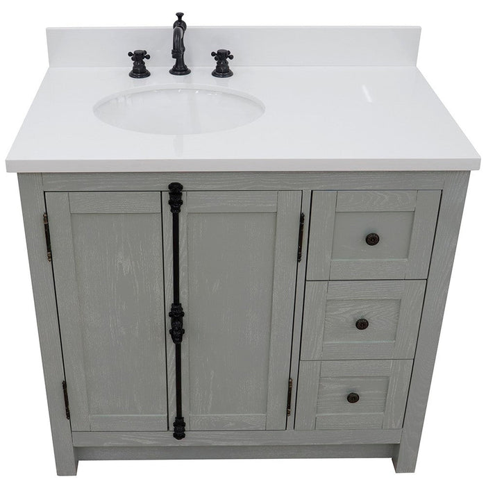 Bellaterra Home Plantation 37" 2-Door 3-Drawer Gray Ash Freestanding Vanity Set With Ceramic Left Offset Undermount Oval Sink and White Quartz Top