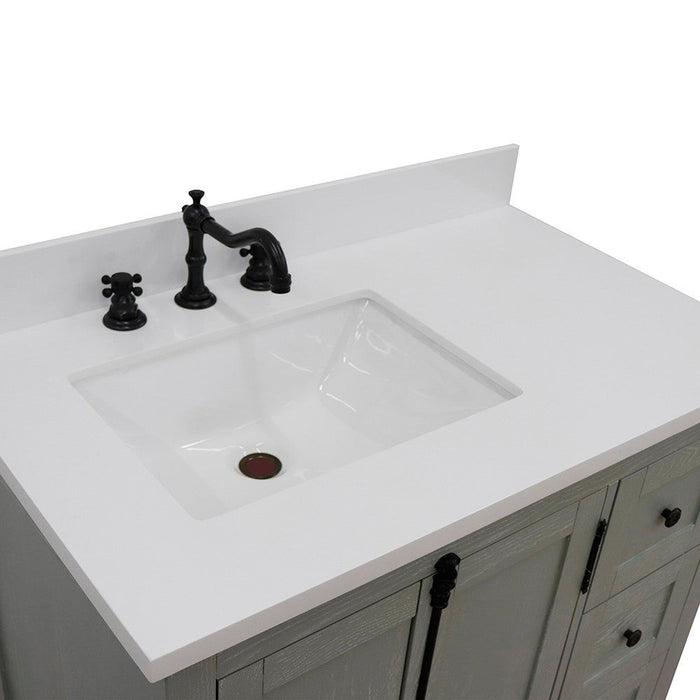 Bellaterra Home Plantation 37" 2-Door 3-Drawer Gray Ash Freestanding Vanity Set With Ceramic Left Offset Undermount Rectangular Sink and White Quartz Top