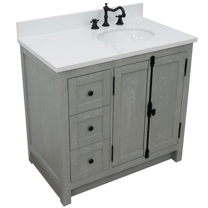 Bellaterra Home Plantation 37" 2-Door 3-Drawer Gray Ash Freestanding Vanity Set With Ceramic Right Offset Undermount Oval Sink and White Quartz Top