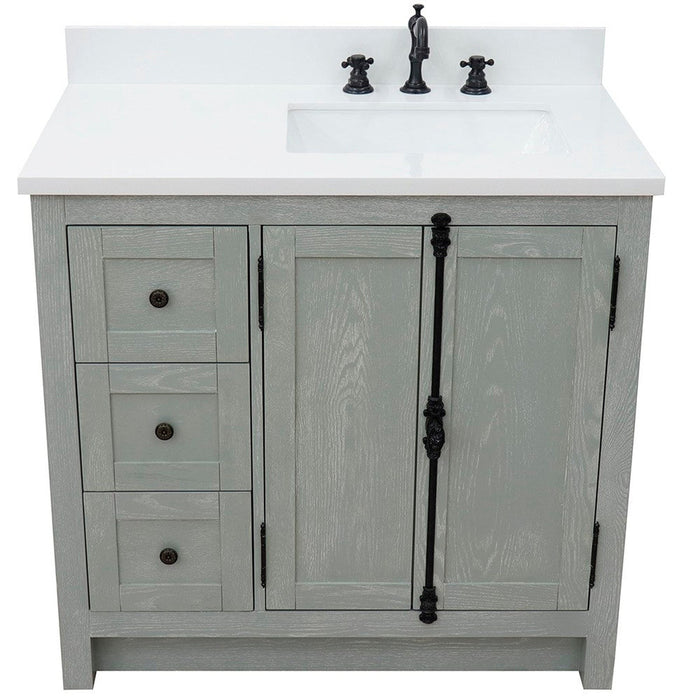 Bellaterra Home Plantation 37" 2-Door 3-Drawer Gray Ash Freestanding Vanity Set With Ceramic Right Offset Undermount Rectangle Sink and White Quartz Top