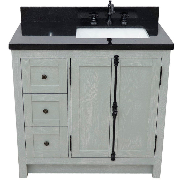 Bellaterra Home Plantation 37" 2-Door 3-Drawer Gray Ash Freestanding Vanity Set With Ceramic Right Offset Undermount Rectangular Sink and Black Galaxy Top