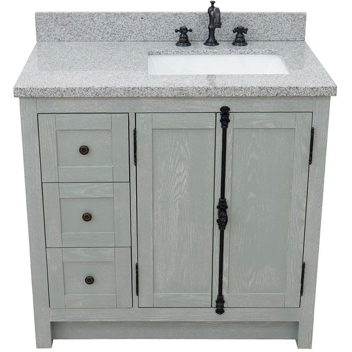 Bellaterra Home Plantation 37" 2-Door 3-Drawer Gray Ash Freestanding Vanity Set With Ceramic Right Offset Undermount Rectangular Sink and Gray Granite Top