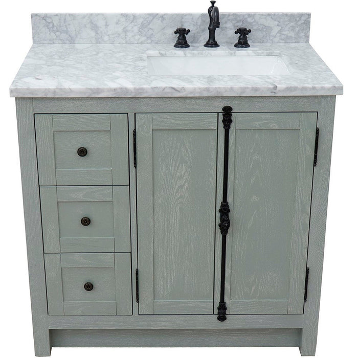 Bellaterra Home Plantation 37" 2-Door 3-Drawer Gray Ash Freestanding Vanity Set With Ceramic Right Offset Undermount Rectangular Sink and White Carrara Marble Top