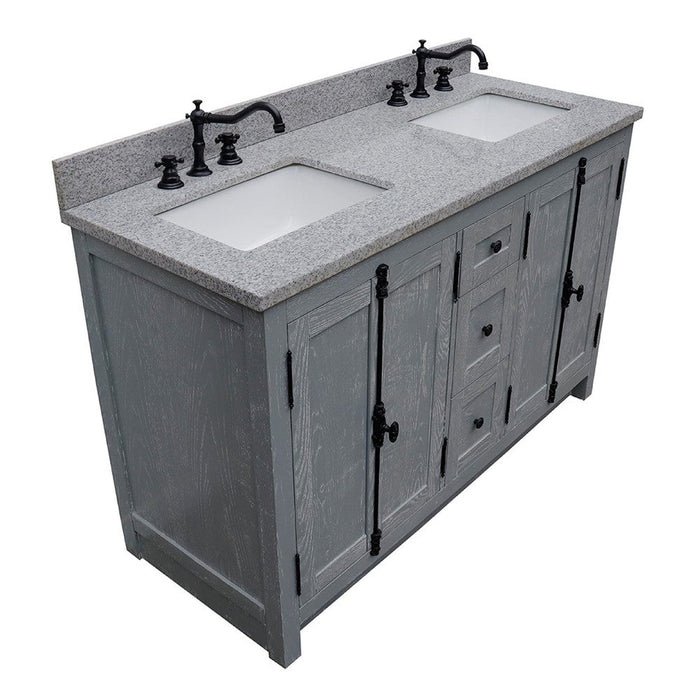 Bellaterra Home Plantation 55" 4-Door 3-Drawer Gray Ash Freestanding Vanity Set With Ceramic Undermount Rectangular Sink and Gray Granite Top