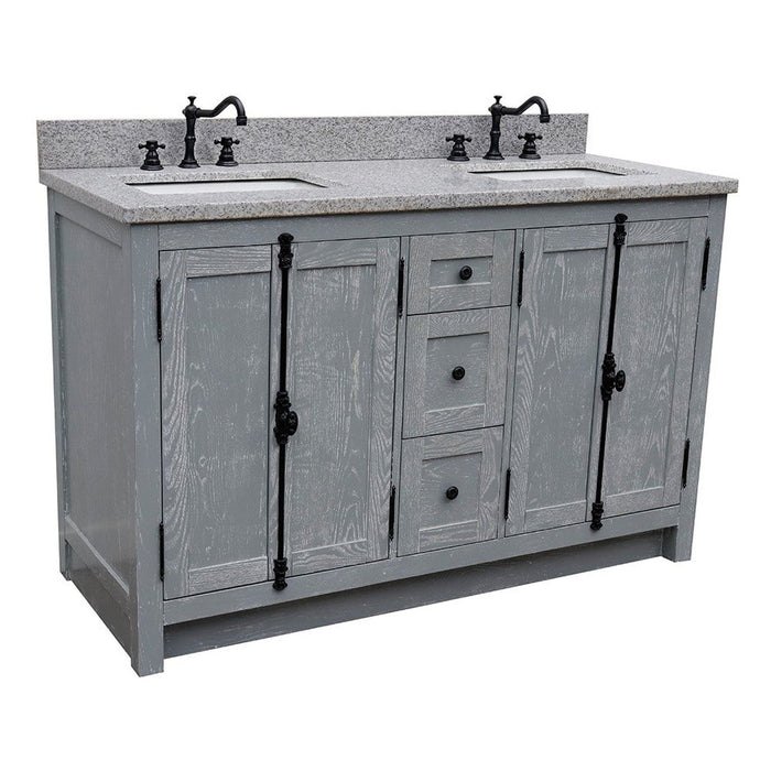 Bellaterra Home Plantation 55" 4-Door 3-Drawer Gray Ash Freestanding Vanity Set With Ceramic Undermount Rectangular Sink and Gray Granite Top