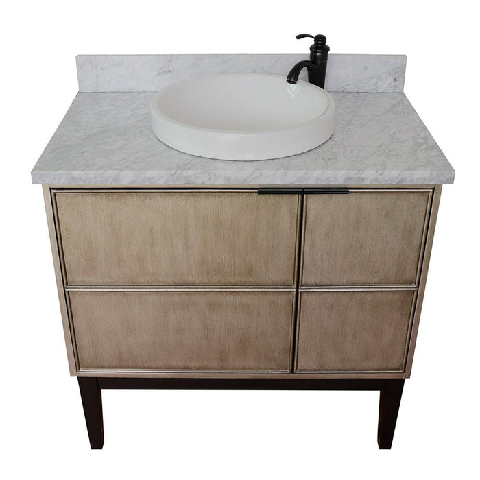 Bellaterra Home Scandi 37" 1-Door 2-Drawer Linen Brown Freestanding Vanity Set With Ceramic Vessel Sink and White Carrara Marble Top