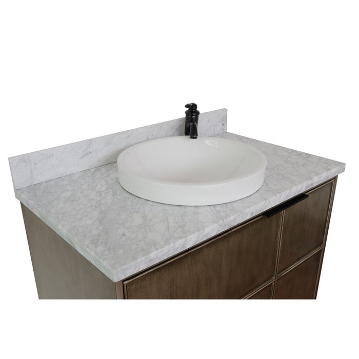 Bellaterra Home Scandi 37" 1-Door 2-Drawer Linen Brown Wall-Mount Vanity Set With Ceramic Vessel Sink and White Carrara Marble Top