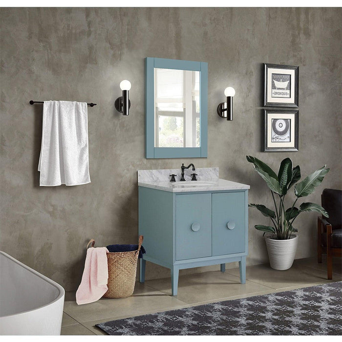 Bellaterra Home Stora 31" 2-Door 1-Drawer Aqua Blue Freestanding Vanity Set With Ceramic Undermount Oval Sink and White Carrara Marble Top