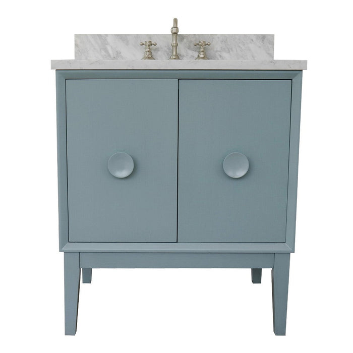 Bellaterra Home Stora 31" 2-Door 1-Drawer Aqua Blue Freestanding Vanity Set With Ceramic Undermount Rectangular Sink and White Carrara Marble Top
