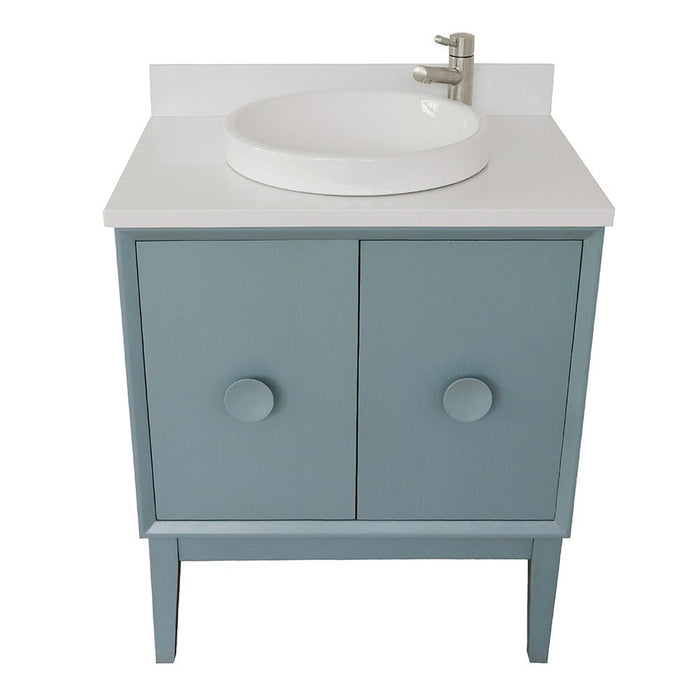 Bellaterra Home Stora 31" 2-Door 1-Drawer Aqua Blue Freestanding Vanity Set With Ceramic Vessel Sink and White Quartz Top