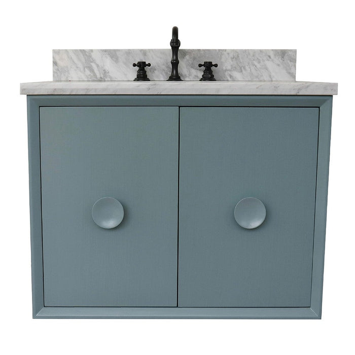 Bellaterra Home Stora 31" 2-Door 1-Drawer Aqua Blue Wall-Mount Vanity Set With Ceramic Undermount Oval Sink and White Carrara Marble Top