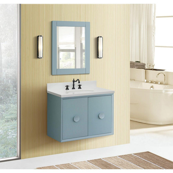 Bellaterra Home Stora 31" 2-Door 1-Drawer Aqua Blue Wall-Mount Vanity Set With Ceramic Undermount Oval Sink and White Quartz Top