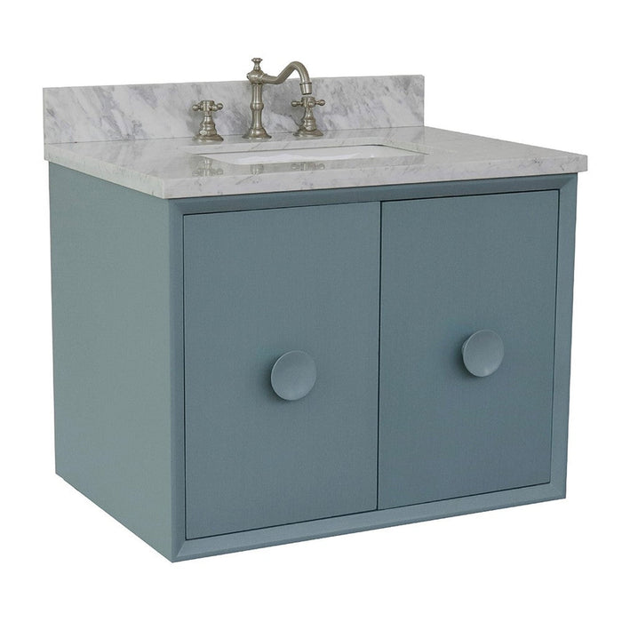 Bellaterra Home Stora 31" 2-Door 1-Drawer Aqua Blue Wall-Mount Vanity Set With Ceramic Undermount Rectangular Sink and White Carrara Marble Top