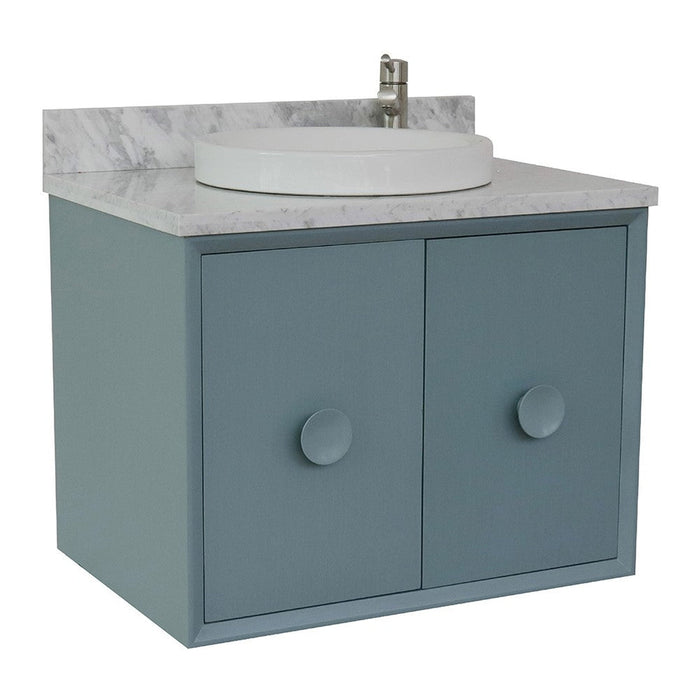 Bellaterra Home Stora 31" 2-Door 1-Drawer Aqua Blue Wall-Mount Vanity Set With Ceramic Vessel Sink and White Carrara Marble Top