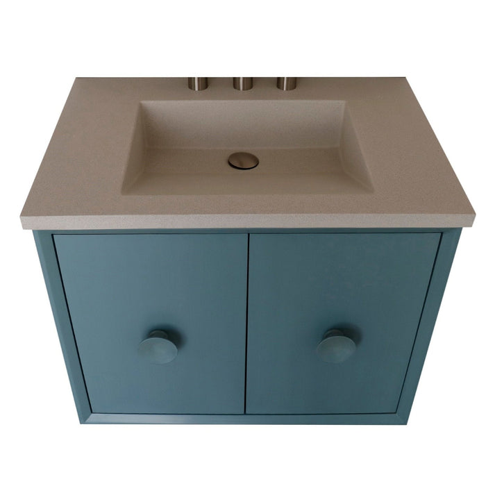 Bellaterra Home Stora 31" 2-Door 1-Drawer Aqua Blue Wall-Mount Vanity Set With Concrete Integrated Rectangular Ramp Sink and White Concrete Top