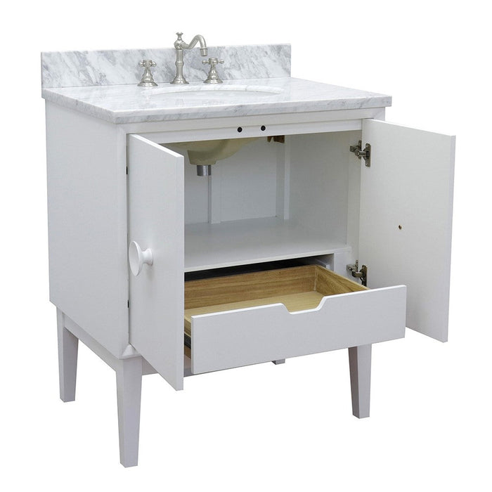 Bellaterra Home Stora 31" 2-Door 1-Drawer White Freestanding Vanity Set With Ceramic Undermount Oval Sink and White Carrara Marble Top