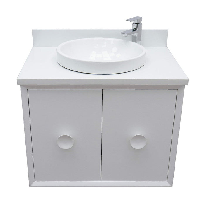 Bellaterra Home Stora 31" 2-Door 1-Drawer White Wall-Mount Vanity Set With Ceramic Vessel Sink and White Quartz Top