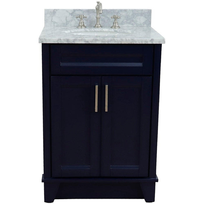 Bellaterra Home Terni 25" 2-Door 1-Drawer Blue Freestanding Vanity Set With Ceramic Undermount Oval Sink and White Carrara Marble Top