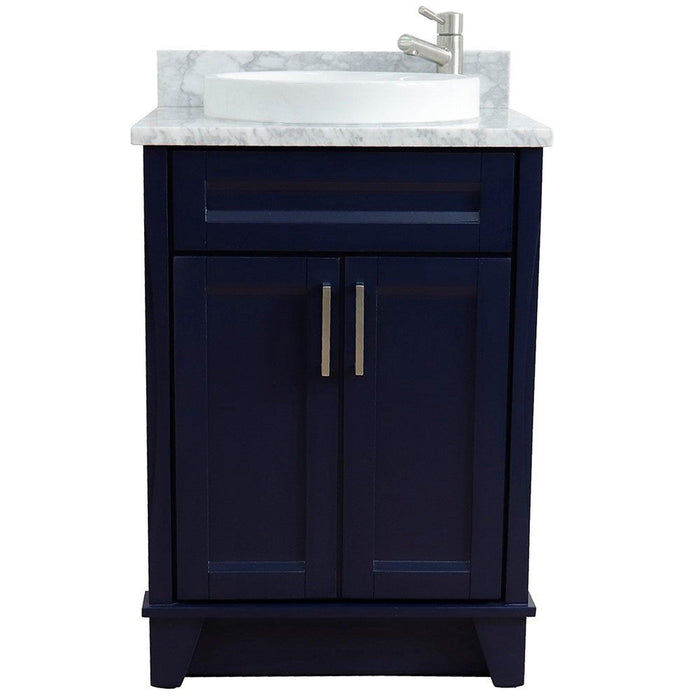 Bellaterra Home Terni 25" 2-Door 1-Drawer Blue Freestanding Vanity Set With Ceramic Vessel Sink and White Carrara Marble Top