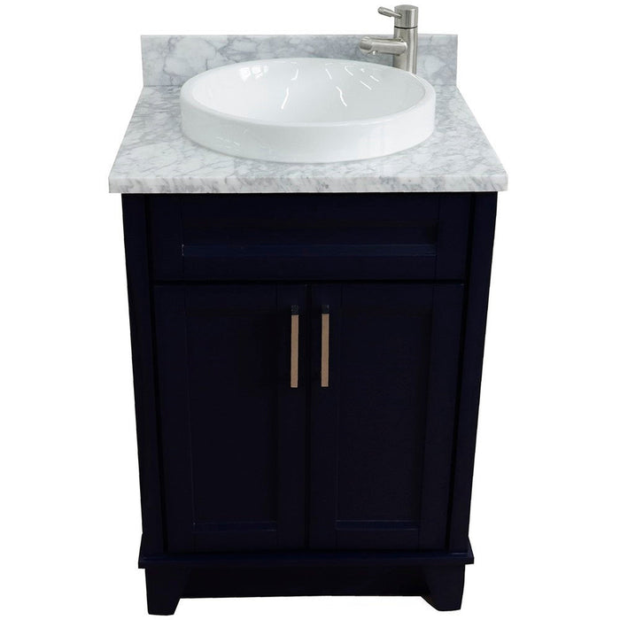 Bellaterra Home Terni 25" 2-Door 1-Drawer Blue Freestanding Vanity Set With Ceramic Vessel Sink and White Carrara Marble Top