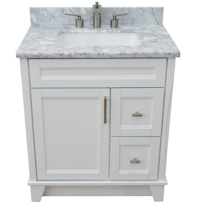 Bellaterra Home Terni 31" 1-Door 2-Drawer White Freestanding Vanity Set With Ceramic Undermount Rectangular Sink and White Carrara Marble Top