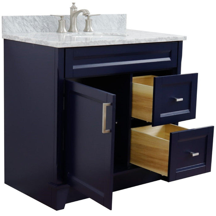 Bellaterra Home Terni 37" 1-Door 2-Drawer Blue Freestanding Vanity Set With Ceramic Center Undermount Oval Sink and White Carrara Marble Top, and Left Door Base