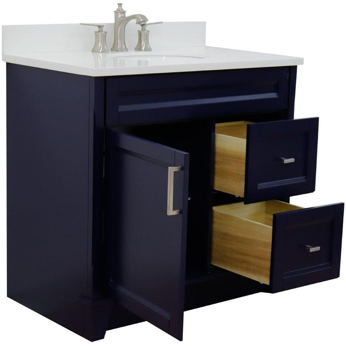 Bellaterra Home Terni 37" 1-Door 2-Drawer Blue Freestanding Vanity Set With Ceramic Center Undermount Oval Sink and White Quartz Top, and Left Door Base