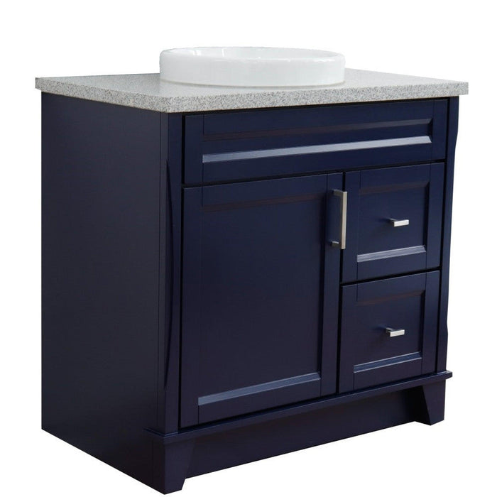 Bellaterra Home Terni 37" 1-Door 2-Drawer Blue Freestanding Vanity Set With Ceramic Center Vessel Sink and Gray Granite Top, and Left Door Base