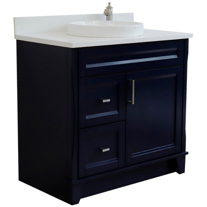 Bellaterra Home Terni 37" 1-Door 2-Drawer Blue Freestanding Vanity Set With Ceramic Center Vessel Sink and White Quartz Top, and Right Door Base