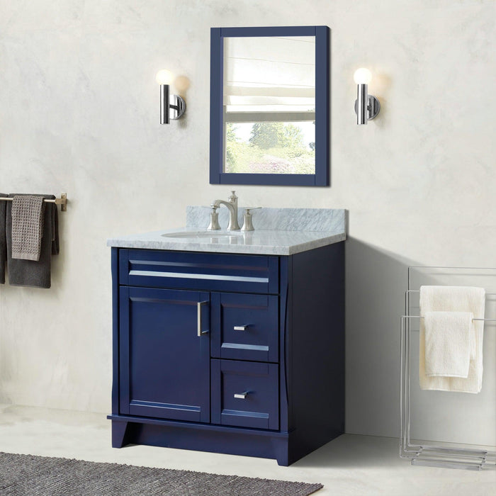 Bellaterra Home Terni 37" 1-Door 2-Drawer Blue Freestanding Vanity Set With Ceramic Left Offset Undermount Oval Sink and White Carrara Marble Top, and Left Door Base