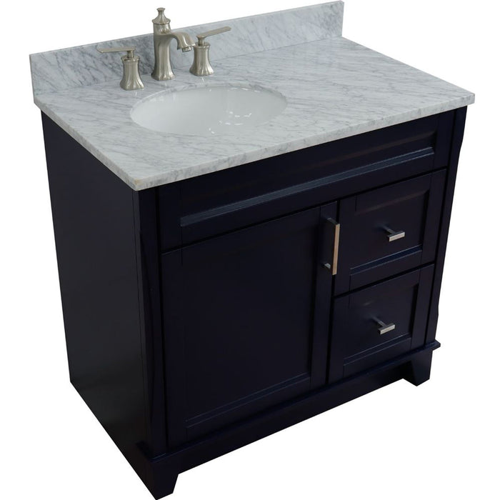Bellaterra Home Terni 37" 1-Door 2-Drawer Blue Freestanding Vanity Set With Ceramic Left Offset Undermount Oval Sink and White Carrara Marble Top, and Left Door Base