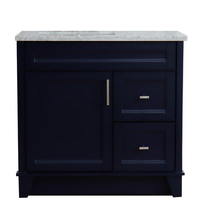 Bellaterra Home Terni 37" 1-Door 2-Drawer Blue Freestanding Vanity Set With Ceramic Left Offset Undermount Rectangular Sink and White Carrara Marble Top, and Left Door Base