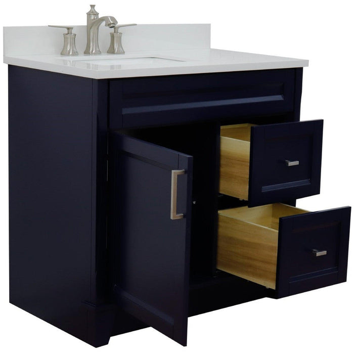 Bellaterra Home Terni 37" 1-Door 2-Drawer Blue Freestanding Vanity Set With Ceramic Left Offset Undermount Rectangular Sink and White Quartz Top, and Left Door Base