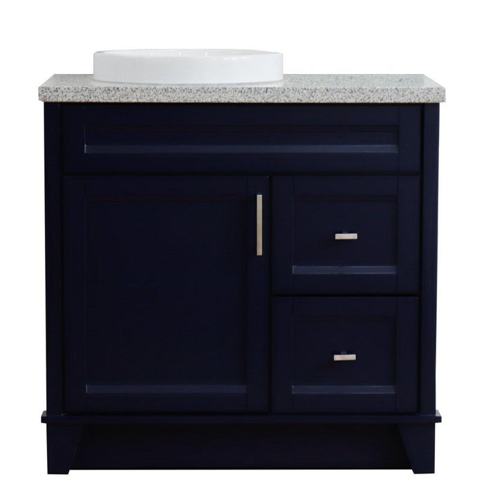 Bellaterra Home Terni 37" 1-Door 2-Drawer Blue Freestanding Vanity Set With Ceramic Left Offset Vessel Sink and Gray Granite Top, and Left Door Base