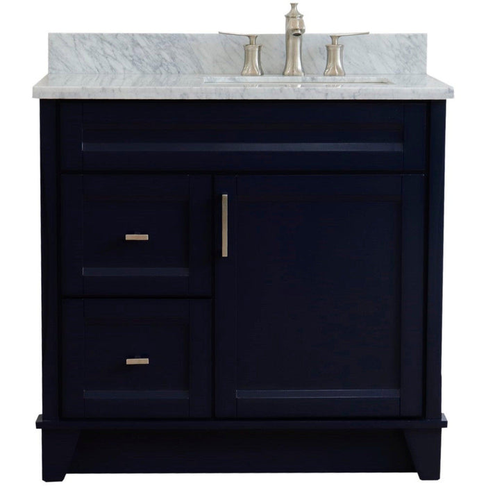 Bellaterra Home Terni 37" 1-Door 2-Drawer Blue Freestanding Vanity Set With Ceramic Right Offset Undermount Rectangular Sink and White Carrara Marble Top, and Right Door Base